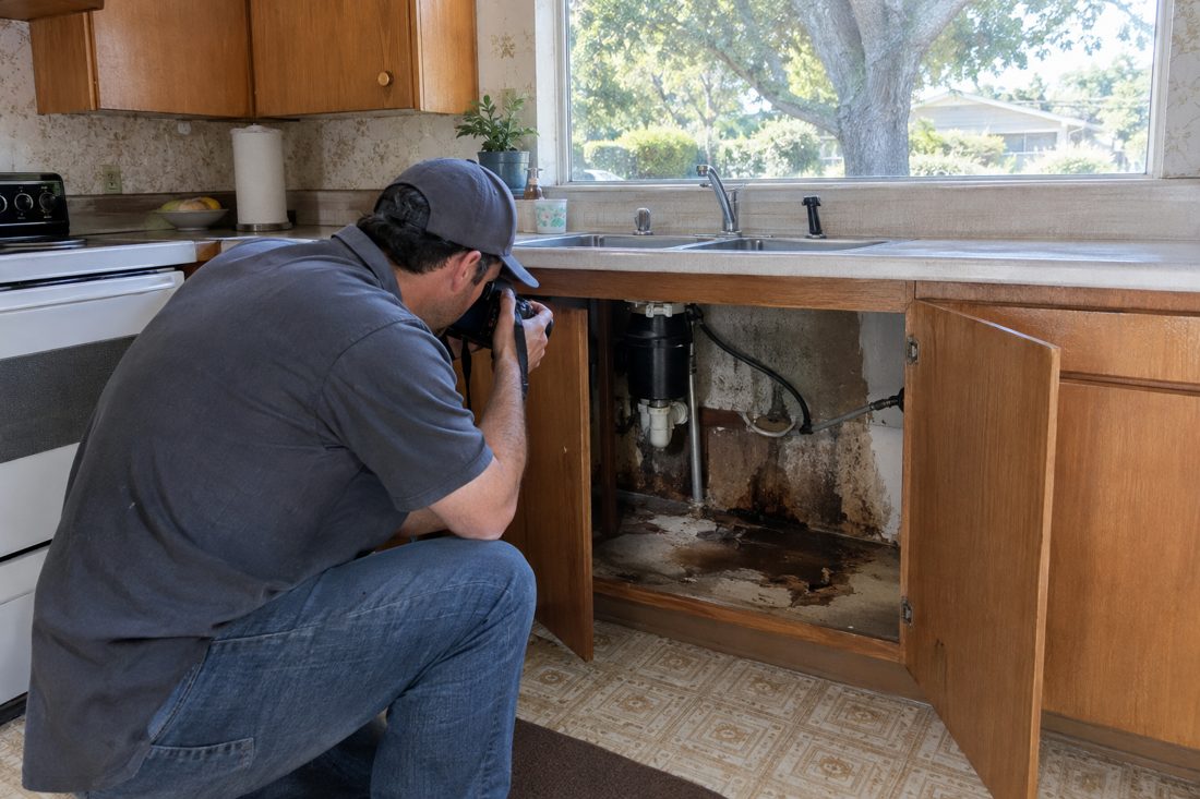 A technician photographing water damage under a kitchen sink cabinet for an insurance claim at a 1960s ranch house with a valley oak in California's Central Valley in Modesto, CA