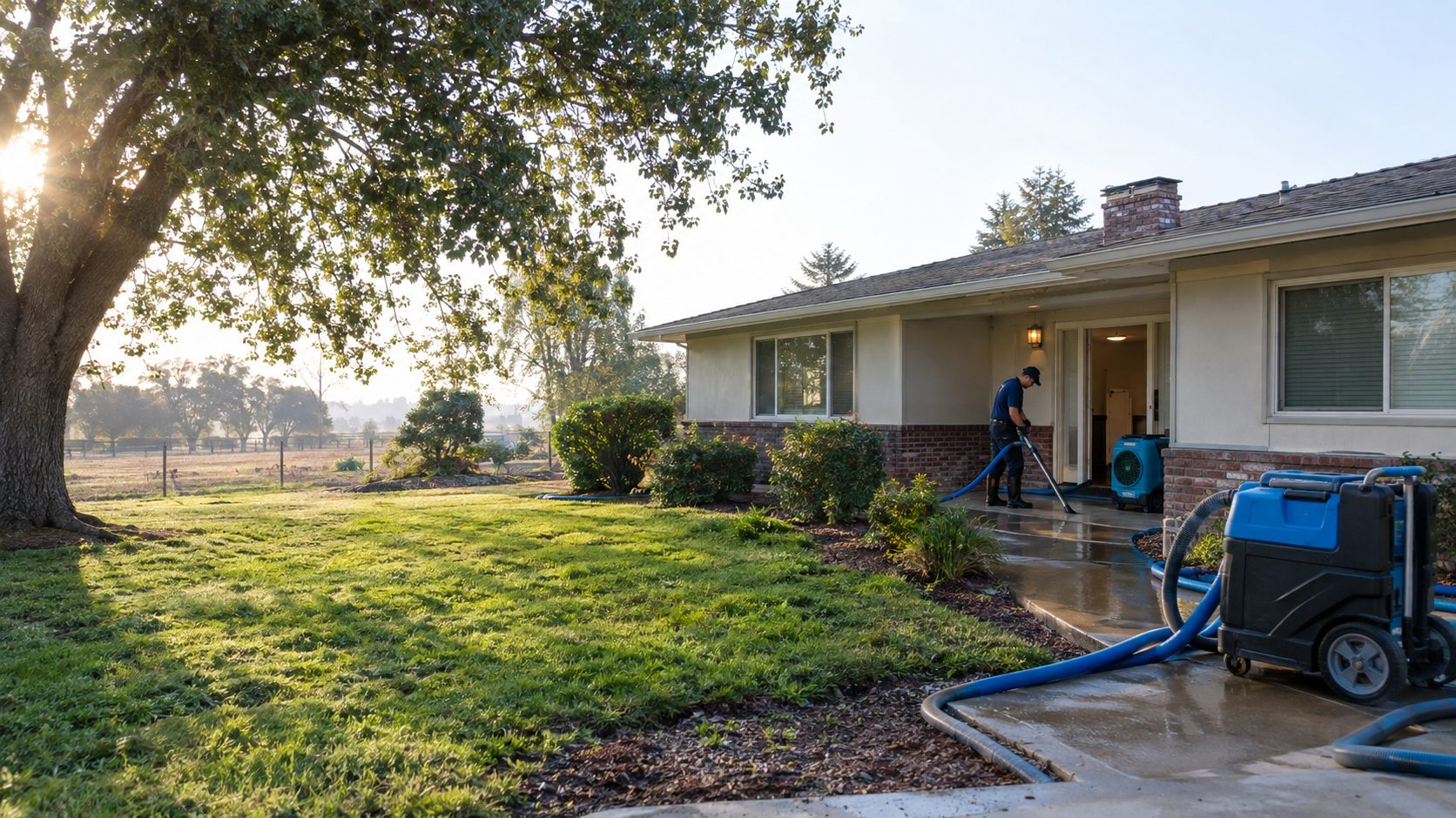 A restoration technician extracts water beside a Ceres ranch home, with hoses and drying equipment set up near the entry in Ceres, CA