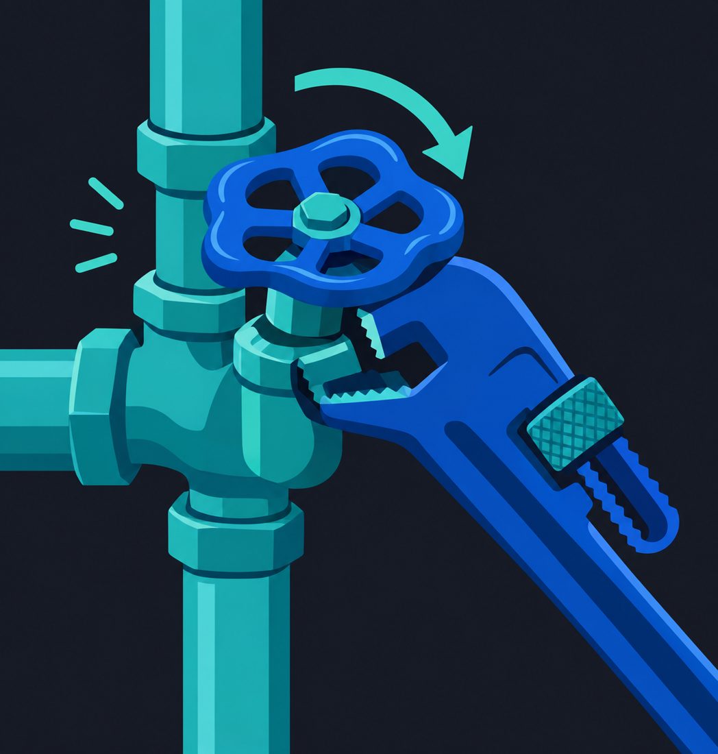 Illustration of a pipe wrench closing a shutoff valve for a Modesto, CA home