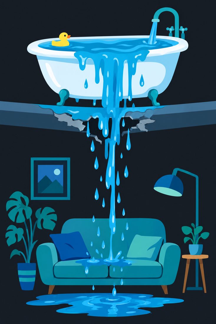 Illustration of an overflowing bathtub dripping through a ceiling for a Modesto, CA home
